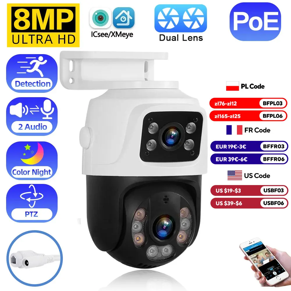 8MP 4K Dual Lens POE IP Camera PTZ Dual Screens Smart Home 360° Wired Video Surveillance IP Camera Motion Detection CCTV ICsee