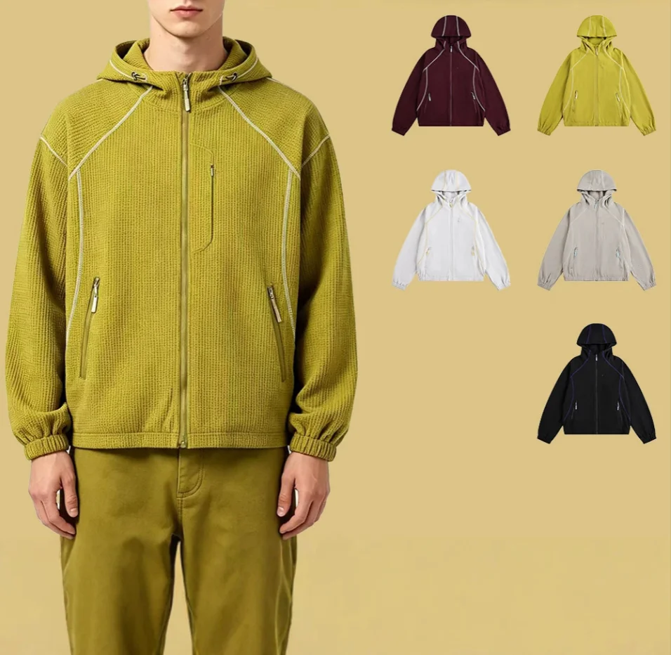 Men's casual sports jacket, light gray textured waffle knit hoodie, yellow contrast stitching, zip pockets, relaxed fit-UC00009