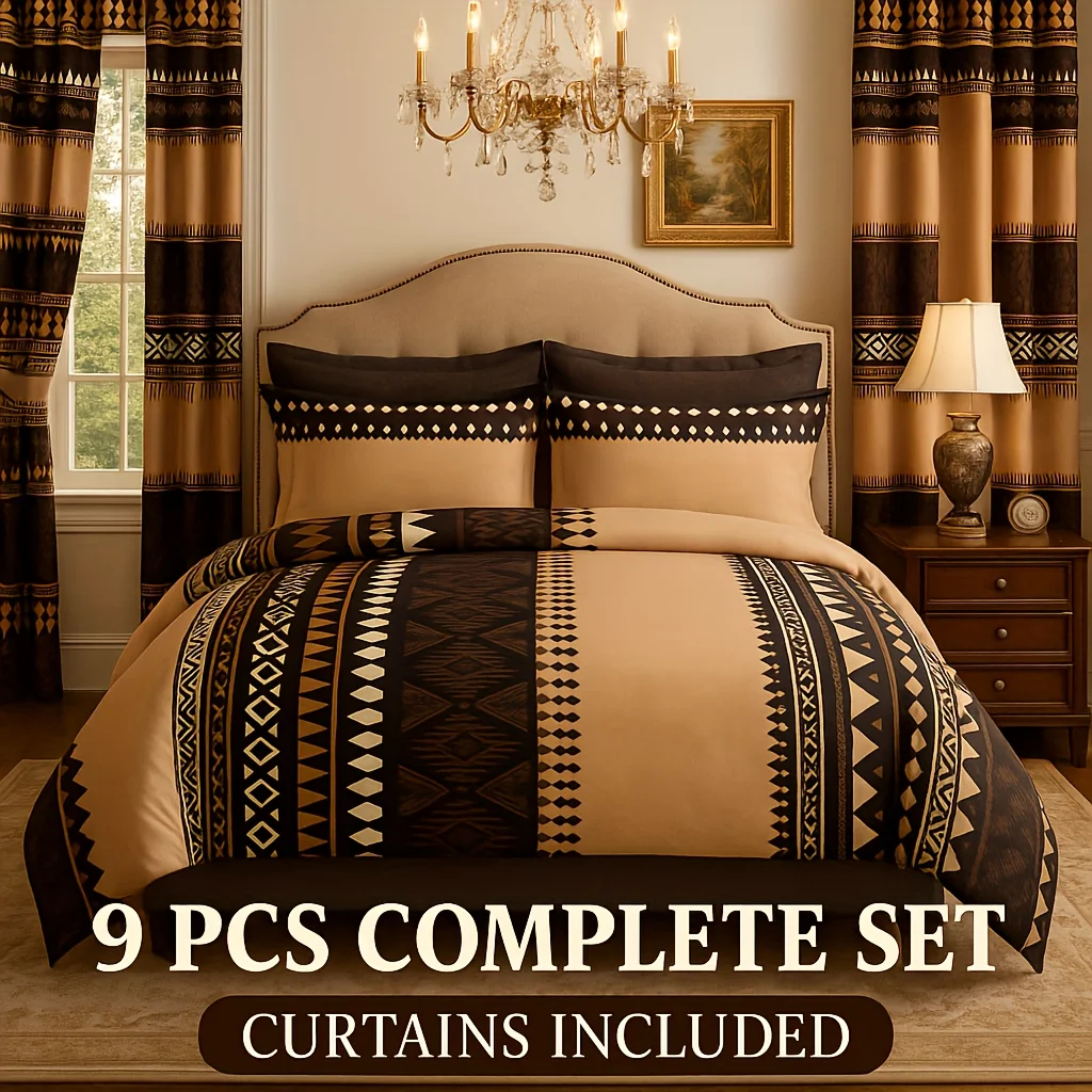 

9pcs Boho Comforter Bedspread with Curtains, Brown Tribal & Blue Butterfly Bedding, Includes 1 Bedspread 2 Pillowcases And 6