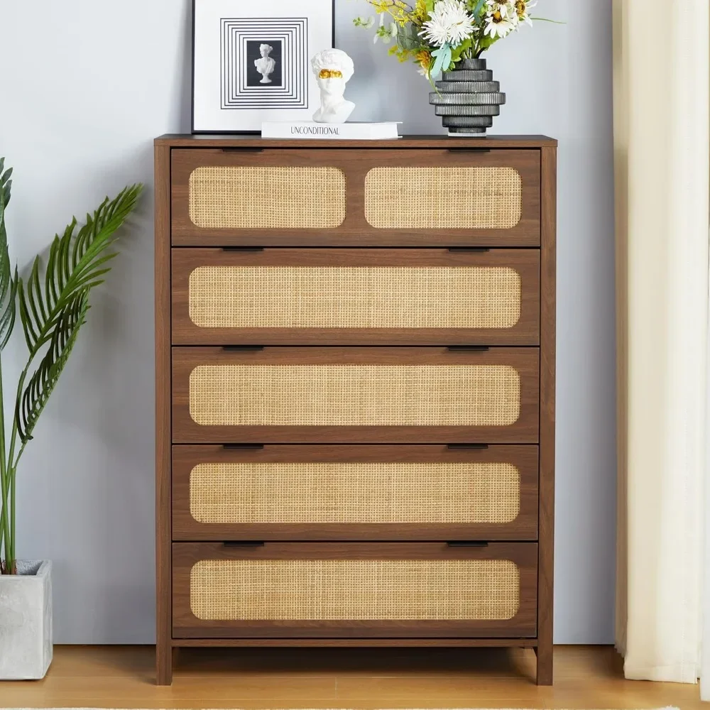 

5 Drawer Dresser for Bedroom, Wide Chest of Drawers with Storage, Rattan Nightstand Cabinet for Bedroom Hallway Living