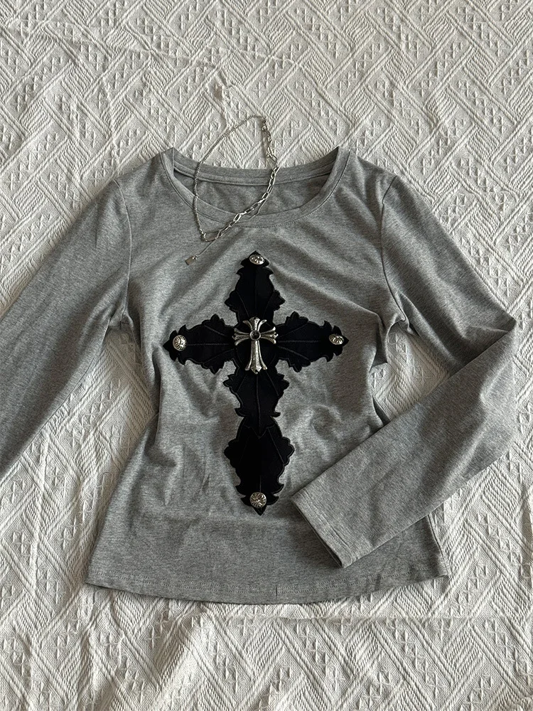 

Vintage Gothic Aesthetics T-shirt Women Harajuku Streetwear Punk Embroidery Button Long Sleeve Slim T- Tops Y2k Clothing Design