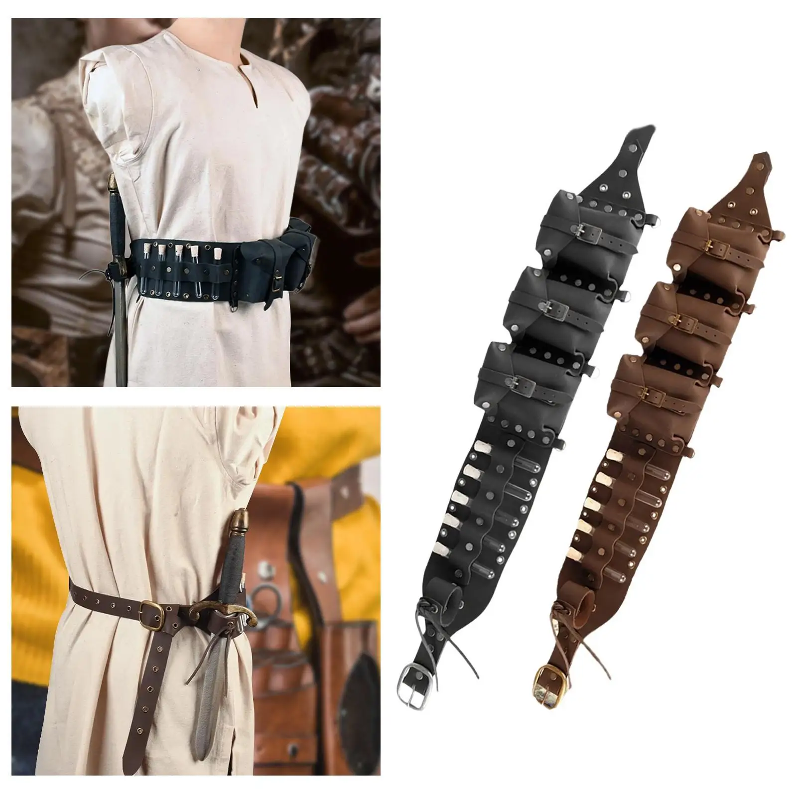 

Medieval Waist Belt Faux Leather with Vial Bottles Potion Holder for Dress Up