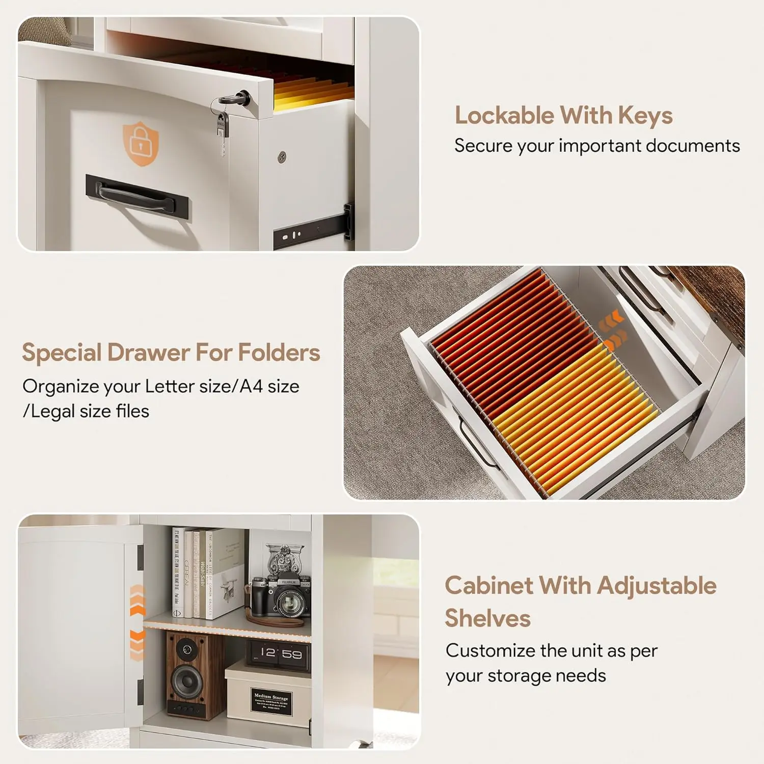 [New Arrival!]Farmhouse Executive Desk with Drawers, 55" Home Office Desks with Fast Charging Station, Lockable File Cabinet, Wo