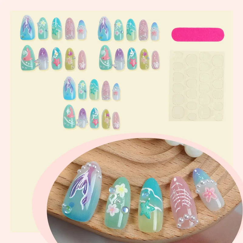 30pcs Summer Press on Nails 3D Ocean Starfish Shell Decor Fake Nail Tips Full Cover Wearable Gradient Blue Almond False Nails view 2