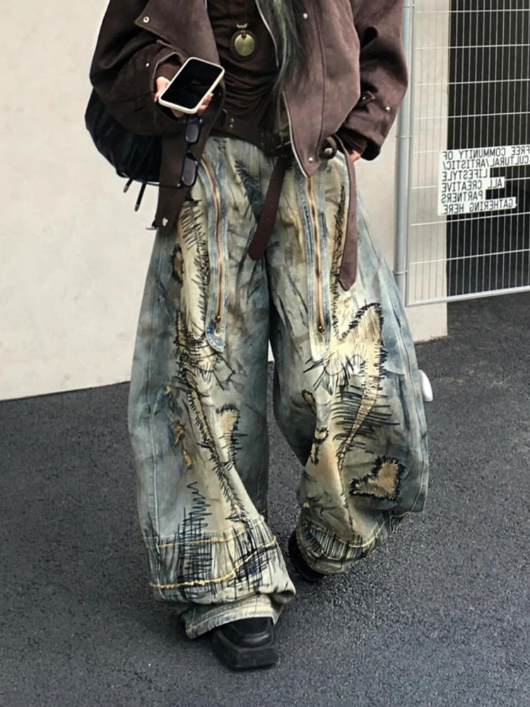 

Женские джинсы с высокой талией в стиле ретро-апокалипсис, с массивной вышивкой, винтажные, удлиненные, с эффектом потертости