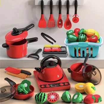 Kids Toys Red Kitchen Toys Pretend Play Simulation Food Cooking Girls Boys Educational Play House Interactive Toys for Children