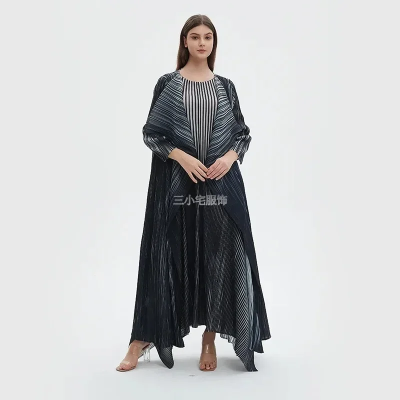 Abaya Dress Set, Women's Autumn New Fashionable Polo Long Sleeve Cardigan Coat, Sleeveless Dress Two Piece Set