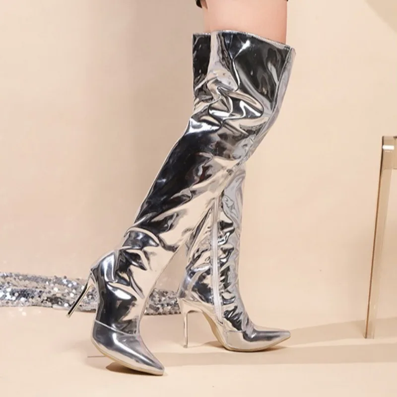 

New Women's Shoes Sexy Stiletto High Heels Pole Dance Boots Women Pointed Side Patent Leather Over The Knee Boots Nightclub Boot