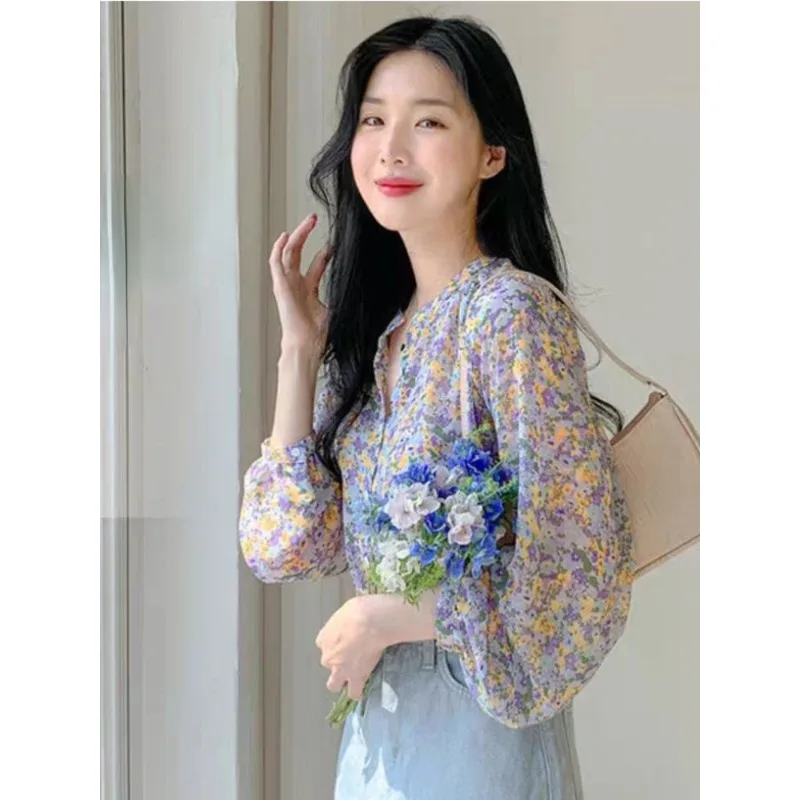 Floral Shirts Women Korean Style Long Sleeve Chiffon Blouses Casual Loose Fit Fashion Female Top Spring Autumn Overshirt