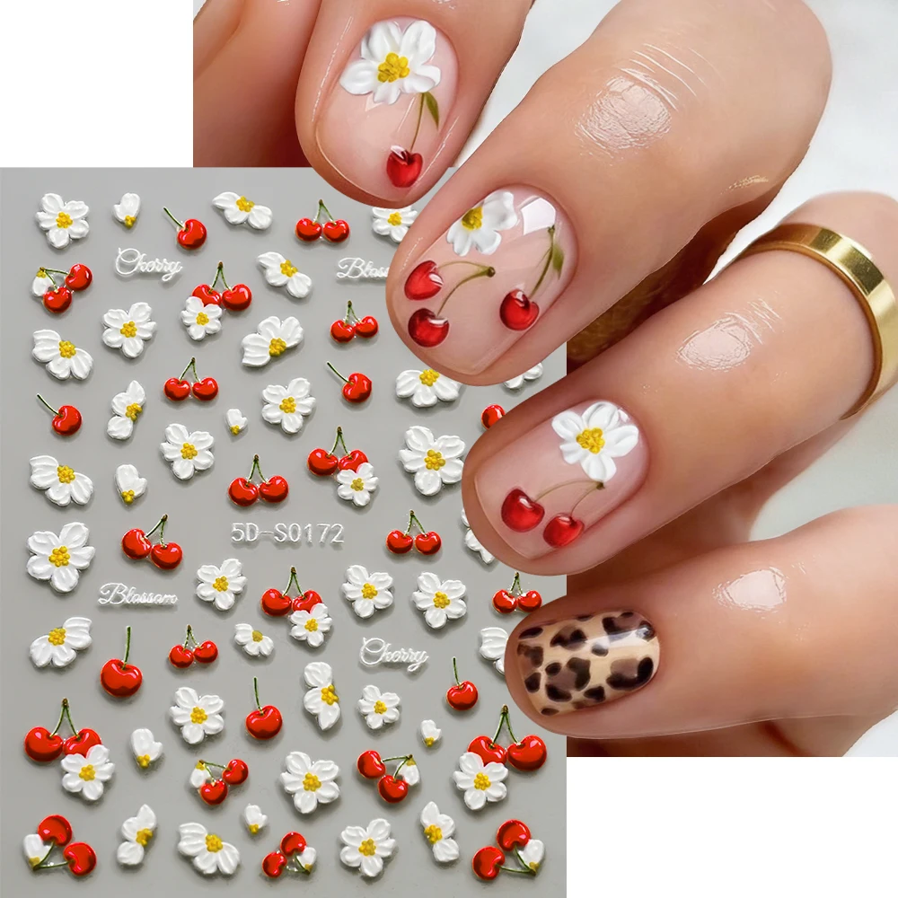 1/2Pcs 5D Embossed Cherry White Flower Nail Stickers Red Fruit Frangipani Floral Nails Decal Self-Adhesive Spring Manicure Decor