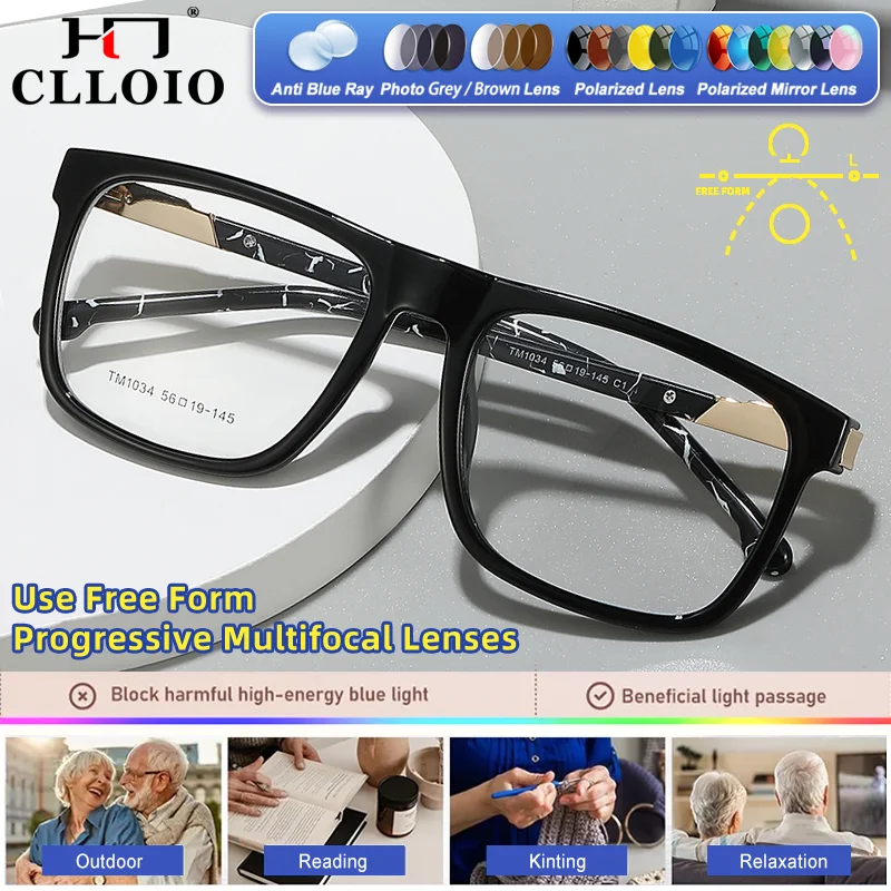 

CLLOIO Everyday Wear Square Frame Anti Blue Ray Myopia Hyperopia Glasses Oversize Frame Men Progressive Prescription Eyeglasses