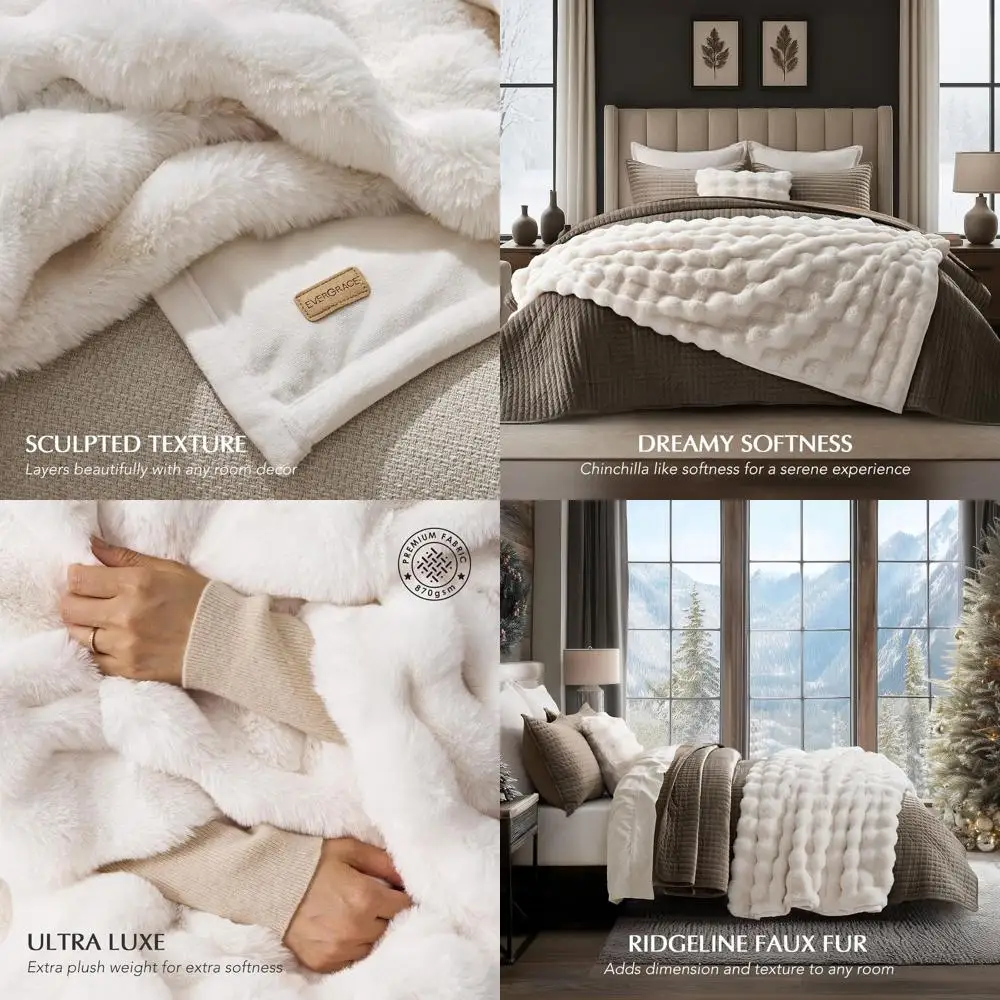بطانية فرو أرنب صناعي رقيق عاجي مريح، رمي قطيفة قابل للعكس، 50 × 60 للسرير والأريكة والكرسي