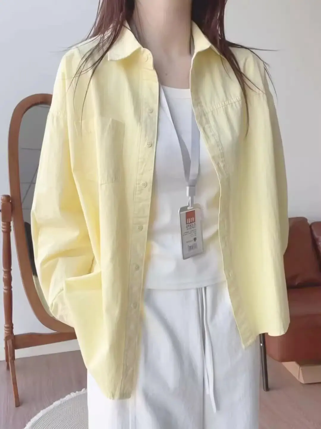 Camisa Feminina PMPR de Algodão Puro Amarela Solta para Verão, Manga Longa, Gola , Tecido Fino Respirável, Estilo Coreano