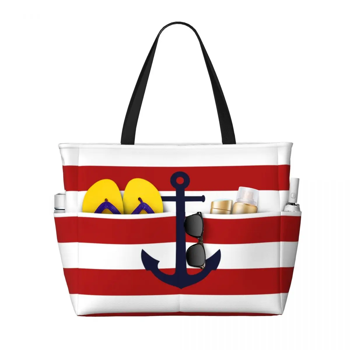 Custom Large Nautical Navy Blue Anchor On Red Stripes Tote Bag Women Sailing Sailor Shopper Shoulder Gym Beach Travel Bag