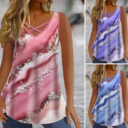 Plus Size Marble Print Tank Top Casual Criss Cross Sleeveless V Neck Top For Summer & Spring Women's Plus Size Clothing
