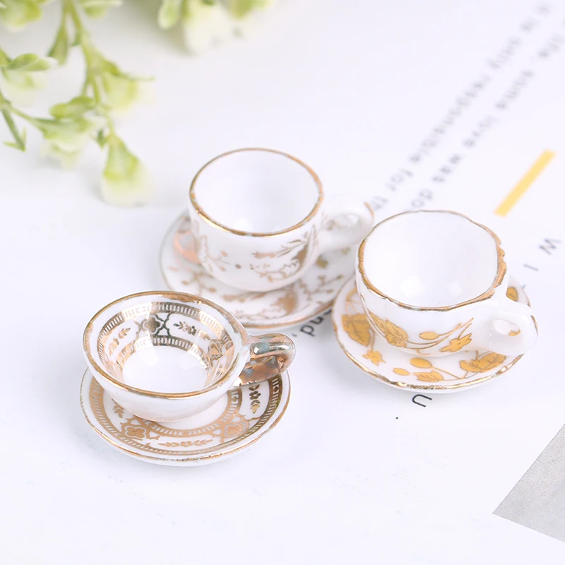 1Set 1/12 Ceramic Tea Cup Dollhouse Miniature Tableware Cup & Saucer Decoration