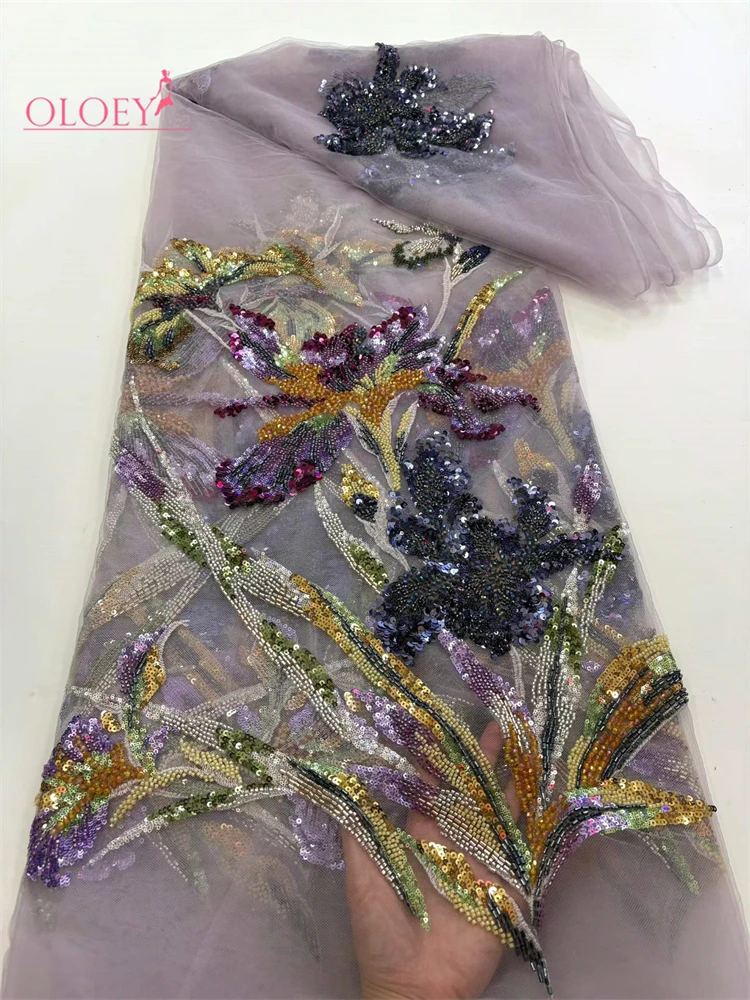 

OLOEY Exquisite Nigerian Handmade Embroidery Sequins Net Lace Bead Top Quality Evening Party Dress Material for Women
