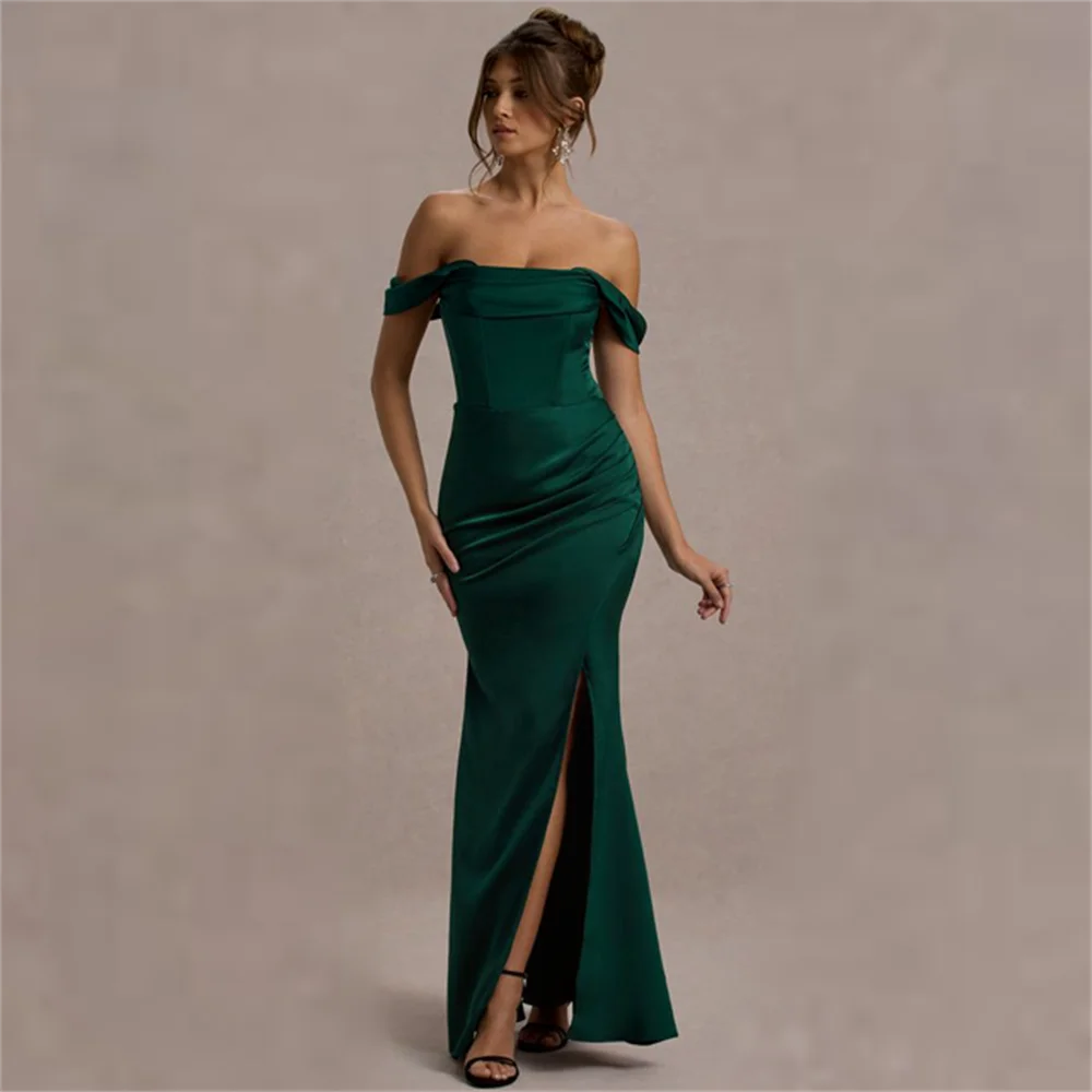 

LOVE DORIS Prom Dress Blackish Green Off-Shoulder Evening Dress Sexy Boat Neck Ruched Backless Satin Zipper Ankle Length