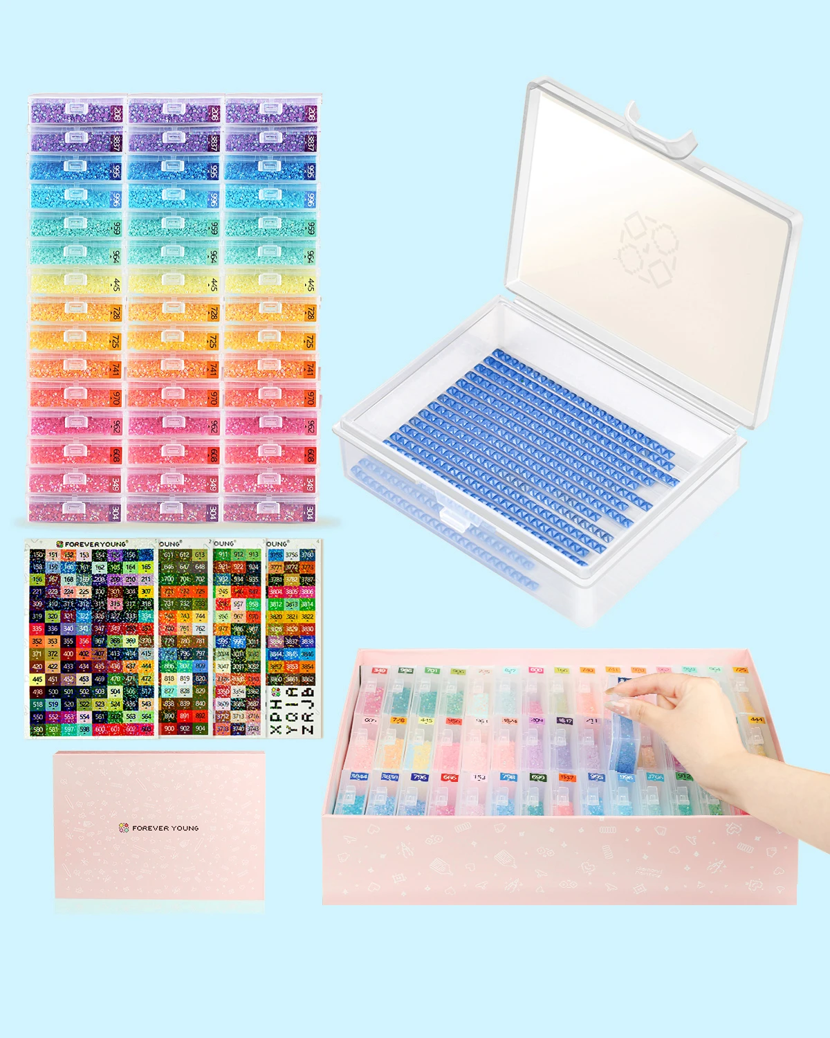 

45pcs Diamond Painting Storage Box with Lids, 2-in-1 Diamond Painting Trays,Diamond Art Accessories Bead Storage & Line-Up