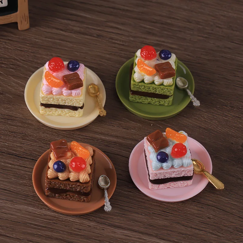 1set Mini Cake Mousse Fruit Birthday Cake Plate Spoon Model Resin DIY Miniature Food Doll Accessories Dollhouse Craft Decoration