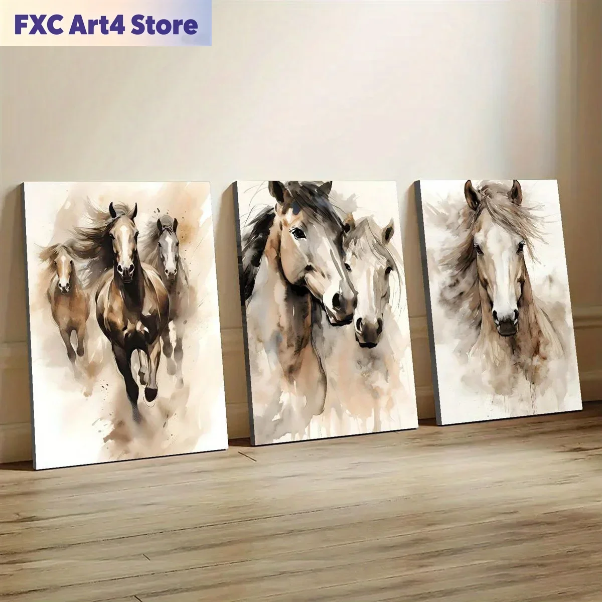 Frameless3pcs Wood Frame Minimalist Horse Pair Print, Two Horses Charcoal Sketch Abstract Equestrian Decorative Painting, Creati
