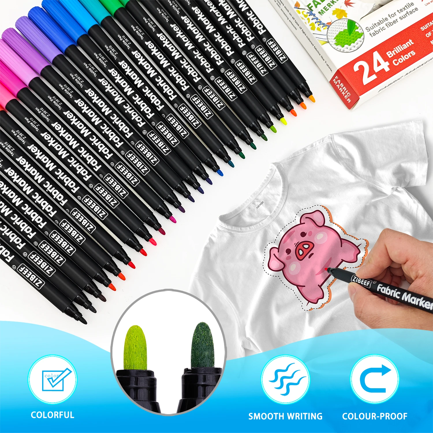 12/24 Colors Permanent Fabric Marker Set Waterproof Textile Marker Pens for T‑Shirts Shoes Clothing Canvas Bag DIY Stationery