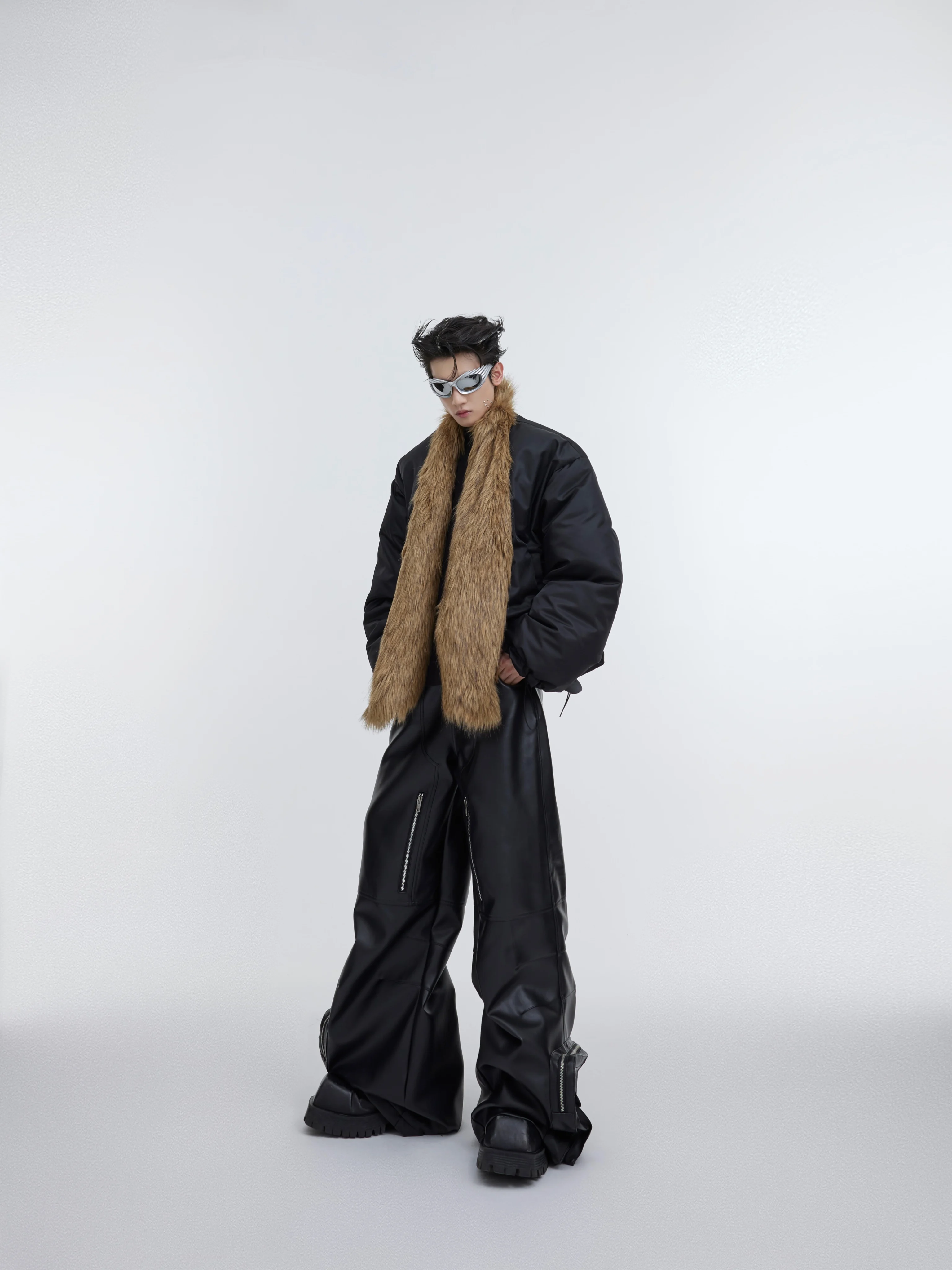 High Street Winter Warm Anti Mink Fur Neck Thick Padded Cotton Coat Men's Detachable Scarf Splicing Design Loose Fit Jacket