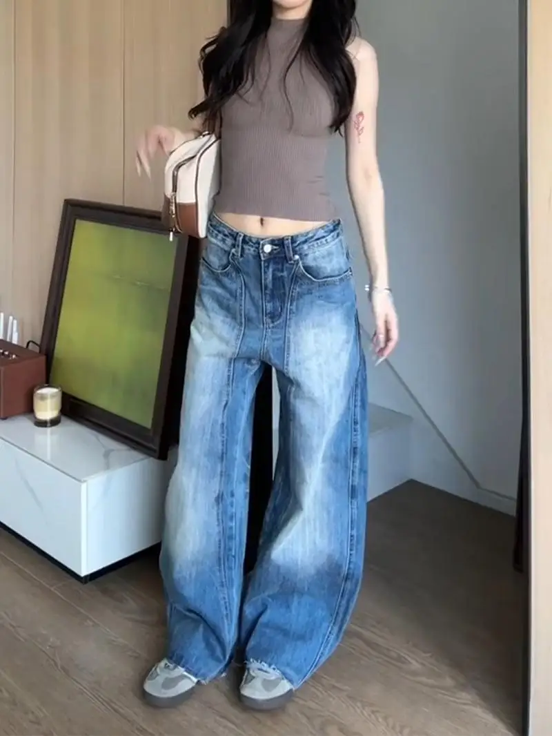 

American High Street Design Knife-Shape Wide Leg Pants Women Summer New Style Spicy Girl Retro Wash Lightning Pattern Floor-L...