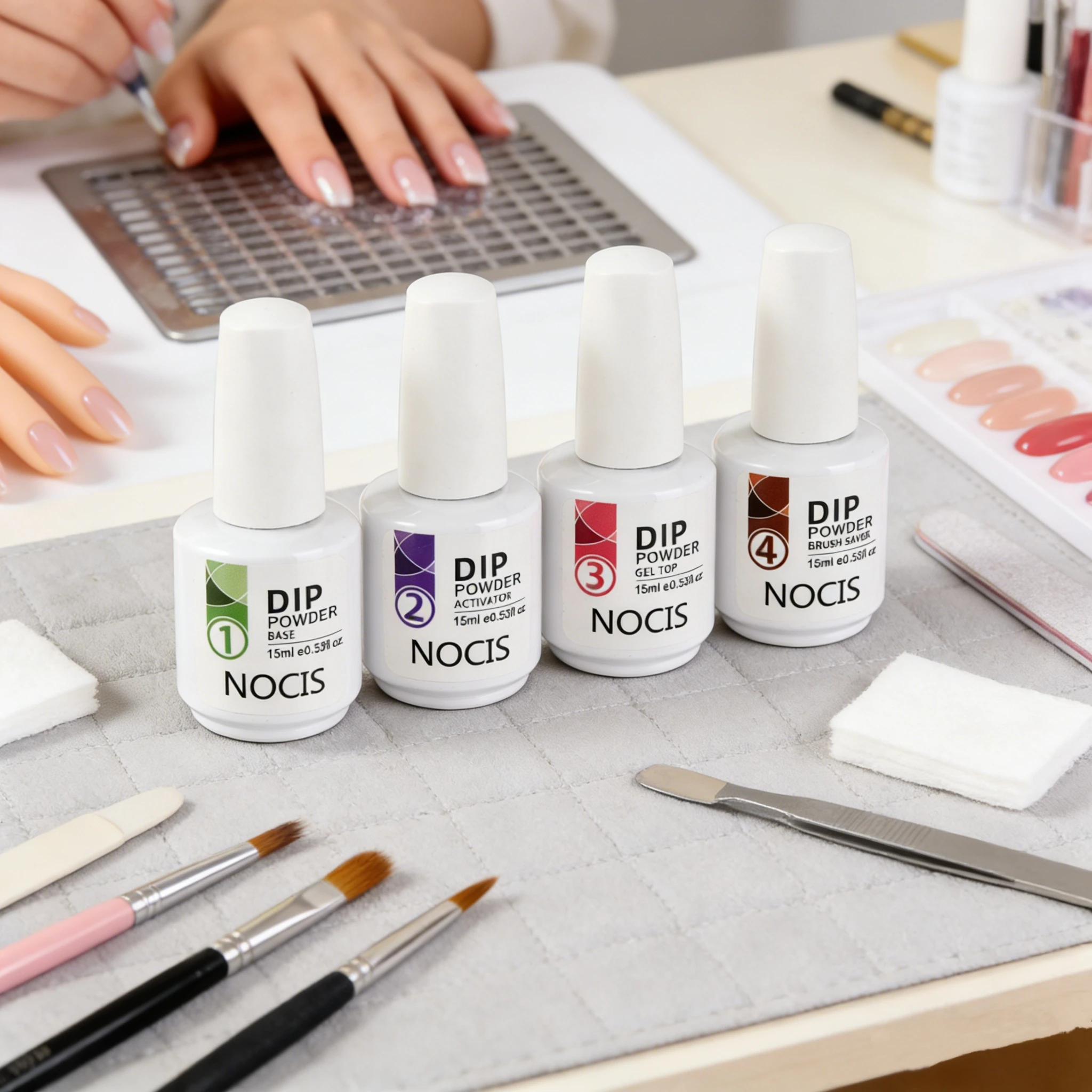 Kit completo de uñas en polvo para inmersión, juego de 4 piezas con base, capa superior, activador y protector de pincel, elementos esenciales de manicura acrílicos inodoros