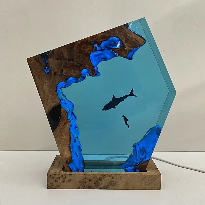 المحيط موضوع الراتنج ضوء الإبداعية الفنية الجميلة ليلة ضوء الحرفية الديكور USB الجدول مصباح القرش غواص عنصر