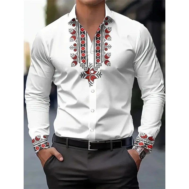 Men's 3D HD Printing Retro National Style Long Sleeve Casual Shirt Spring and Autumn Fashion Lapel All-match Tops
