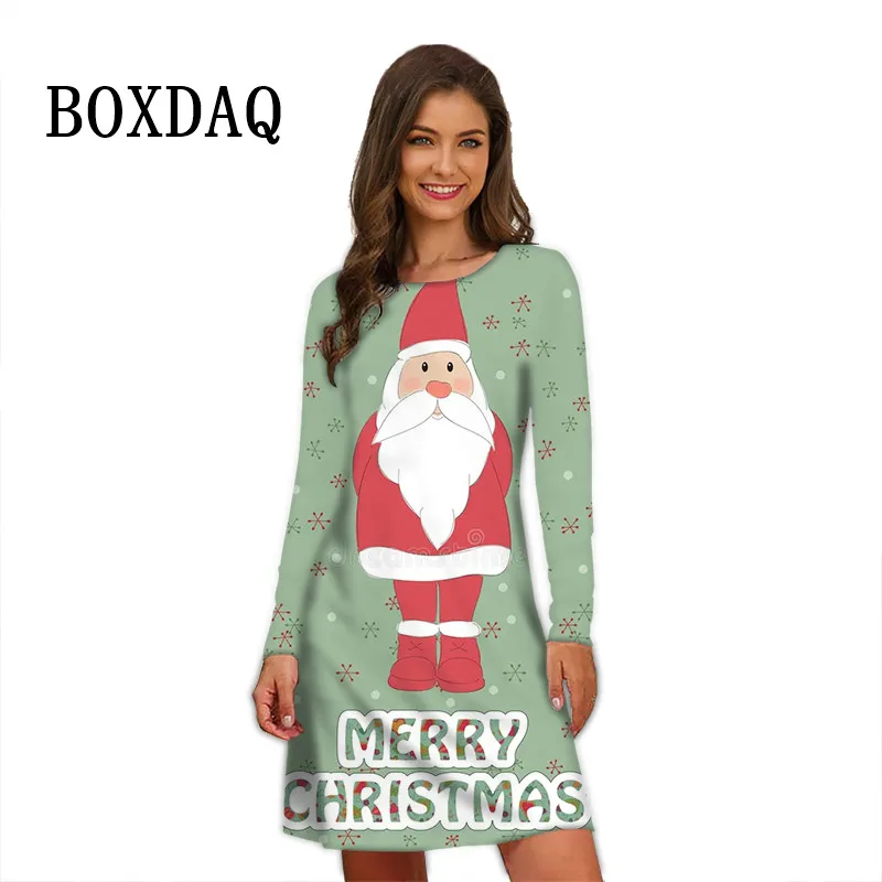 2023 Cartoon Letter 3D Santa Claus Mini Dress Women Christmas Print Clothes Autumn Pullovers Casual Cute Long Sleeve Party Dress