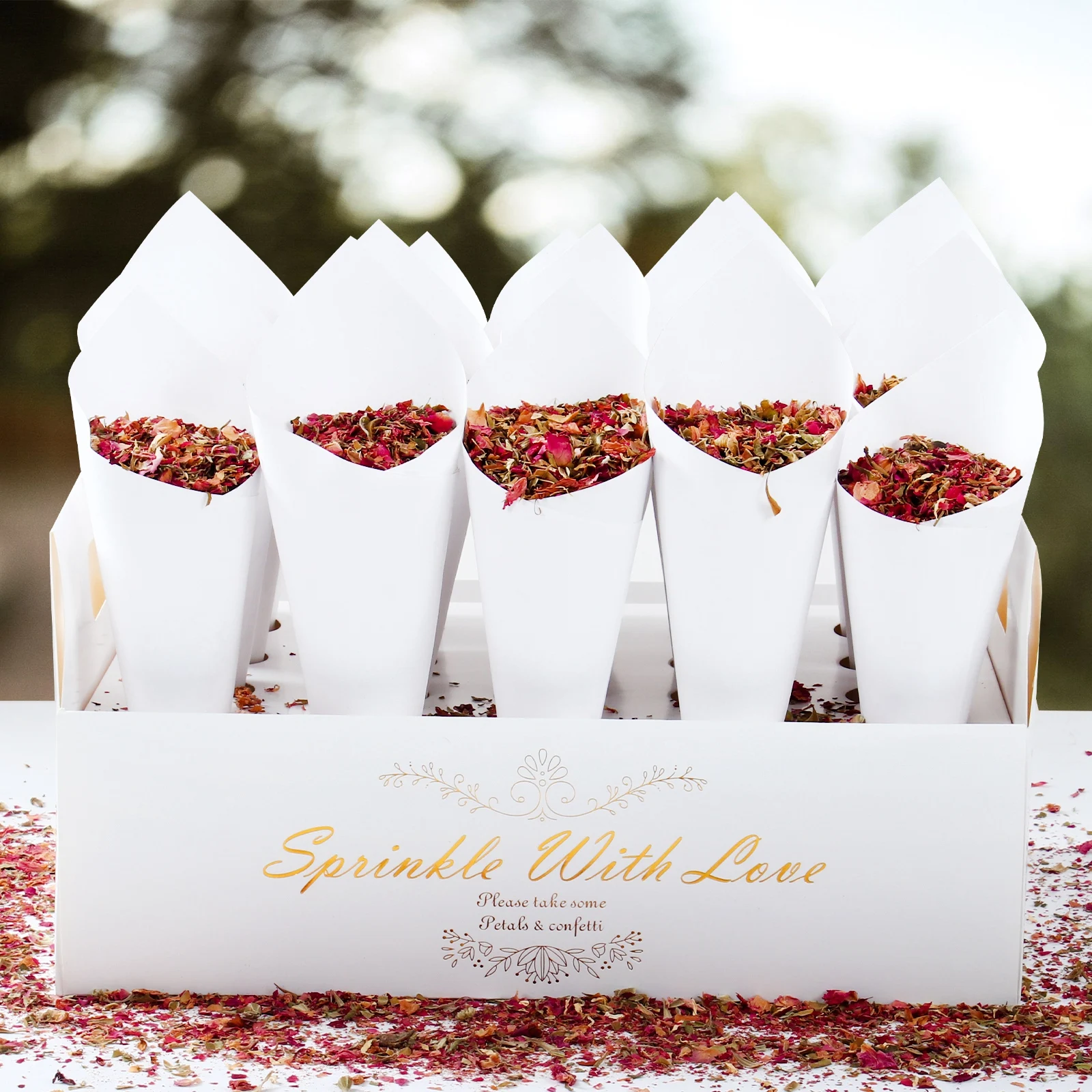 Afbeelding 3: Kraftpapier Bruiloft Confetti Cone Houder Ondersteuning Voor Bruiloft Decor Confetti Kegels Stand Box Tray Nep Bloem Bruiloft Papier Kegels