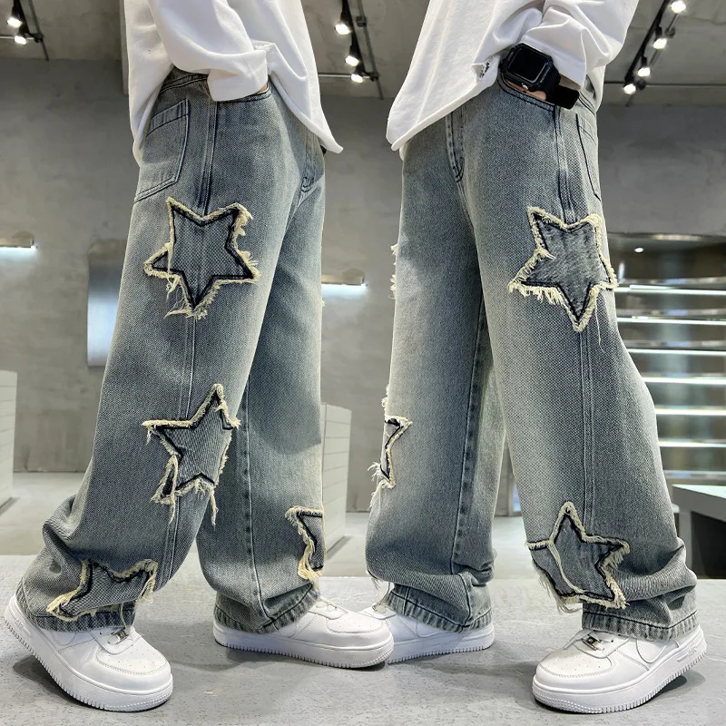 Kids Pants Spring and Autumn five-pointed star splicing raw edge Jeans Boys wide-leg Pants Washed Denim Youth Pants 5-14 Years