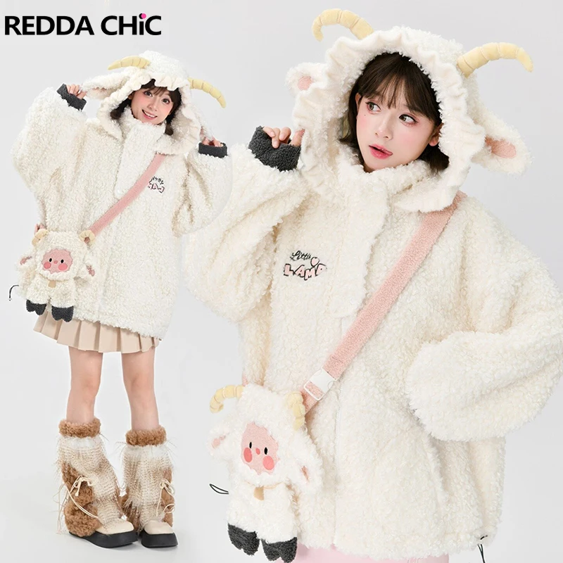 

REDDACHiC Women Sheep's horns Hood Plush Jacket Winter Coat Mock Neck Loose Casual Full-zip Lambswool Fleece Y2k Lolita Outwear