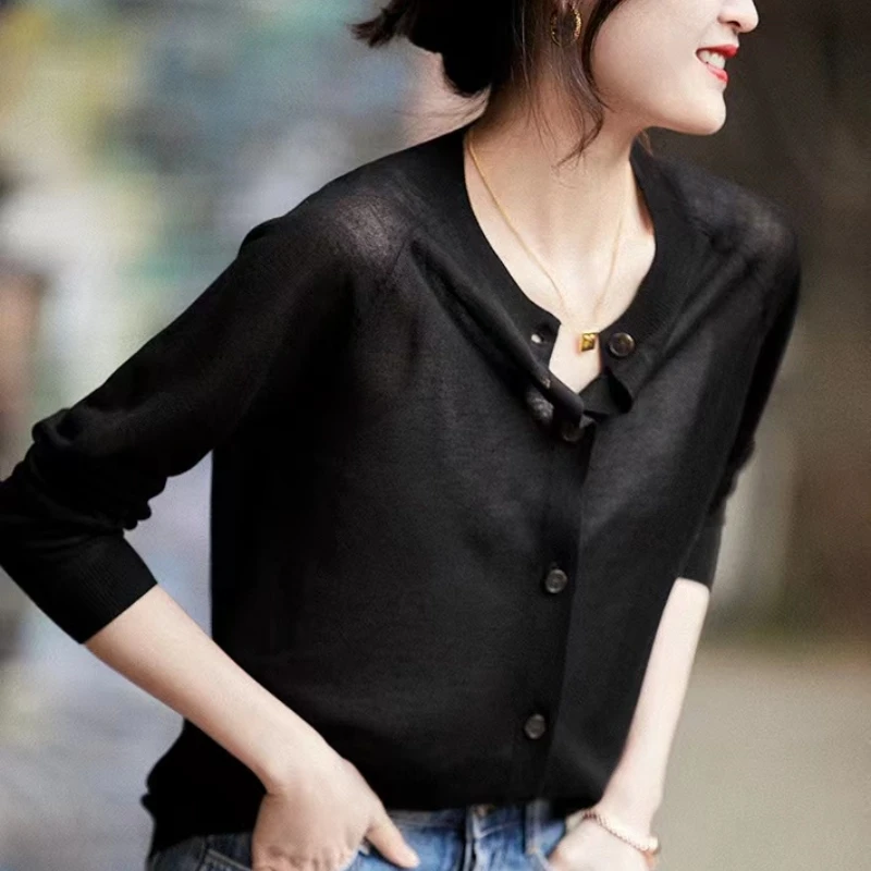 Long Sleeved Round Neck Thin Cardigan Women\'s Spring Autumn Solid Color Imitation Wool Cardigan Basic Style Transparent Knit Top