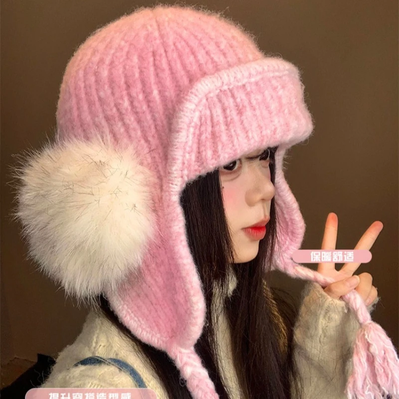 Neue Plüsch-Strickmütze im Lei-Feng-Stil für Damen, süße und warme Herbst- und Wintermütze, Outdoor-Ohrenschutz, Bomber-Mütze – Detail 4
