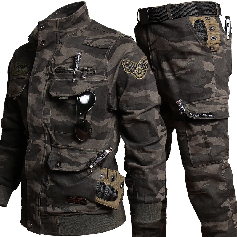 Tactical Camo Cotton Plush Set Men Multi-pocket Windproof Jacket Breathable Wear-resistant Pants Outdoor Combat Hunting Sets