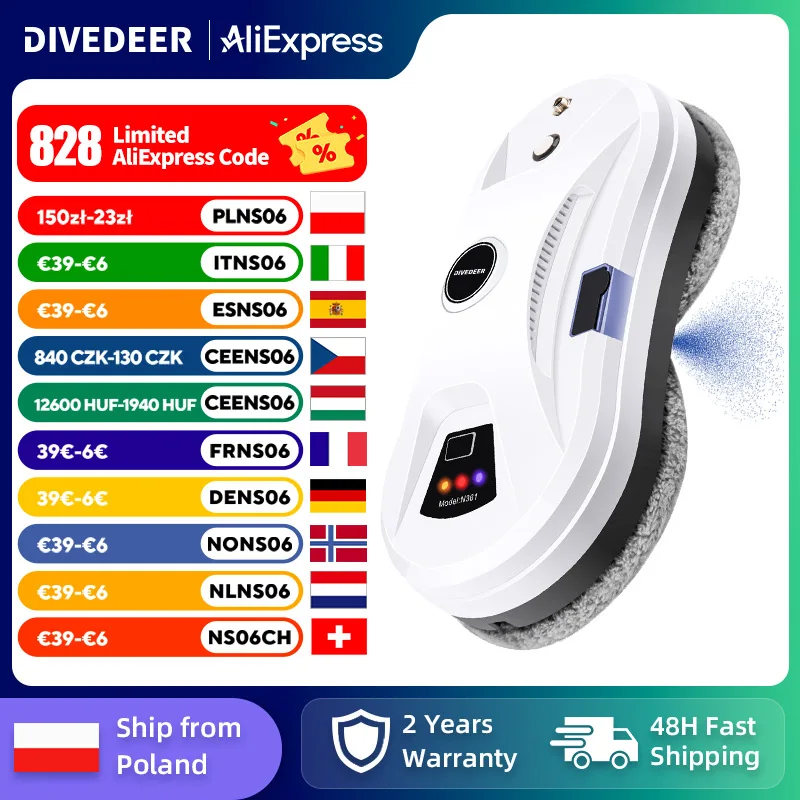 Image of DIVEDEER Weiß/Schwarz, für Zuhause, automatisch, kein Sprühen oder Wasserspray, Fensterputzroboter, intelligentes Abwischen, Hochhaus-Fenster mit großem Flächern