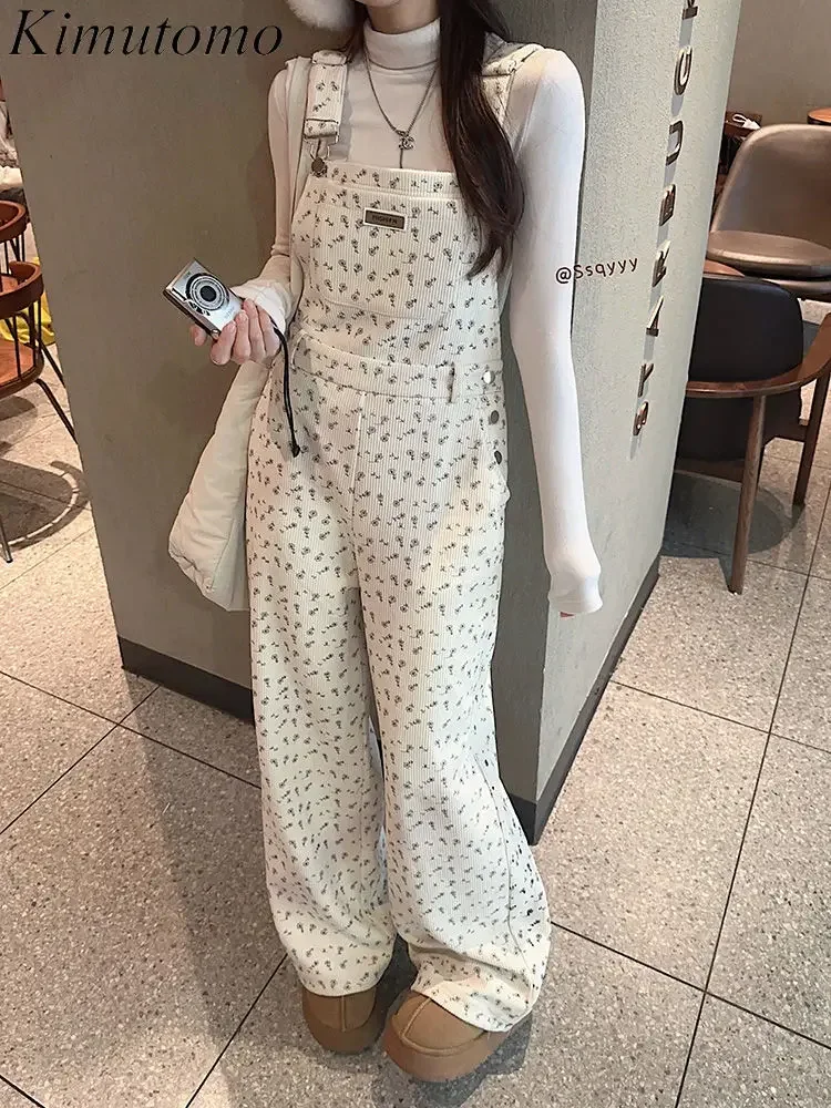 Kimutomo Floral Corduroy Jumpsuit Button Fly High Waist Wide Legs Streetwear Women Korean Small Fresh Full Length Jumpsuits