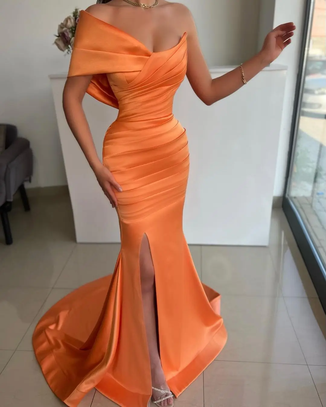 

FLORINE TULIRAIN One-shoulder Sheath Court Tarin Zipper Up Orange Wedding Evening Dress Cocktail Prom Gown For Sexy Women