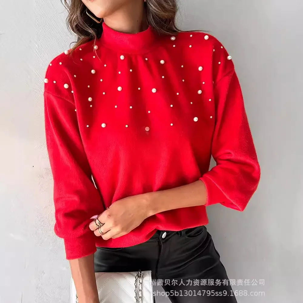 Turtleneck Long-Sleeved Top Knitted Sweaters Beaded Casual Sweaters Women Solid Color Fashion Loose Woolen Sweaters