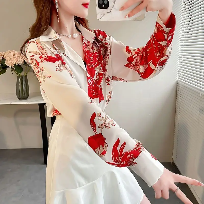 Spring Autumn New Women\'s Turn-down Collar Button Fashion Loose Versatile Long Sleeve Medium Length Sweet Printed Shirt Tops