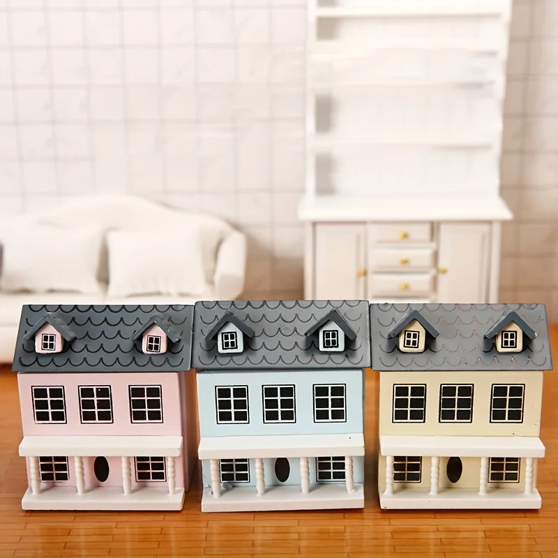 1 Villa Doll House Mini Furniture Set with Cute Pockets, Pink and Blue Walls, Gray Roof, Perfect Doll House Accessories