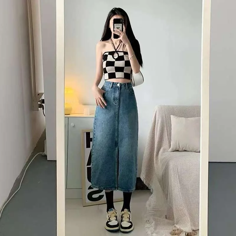 Retro koreańska luźna spódnica jeansowa midi damska, prosty krój A, letnia, nowa, codzienna, odporna na zużycie, z wysokim stanem i rozcięciem z przodu.