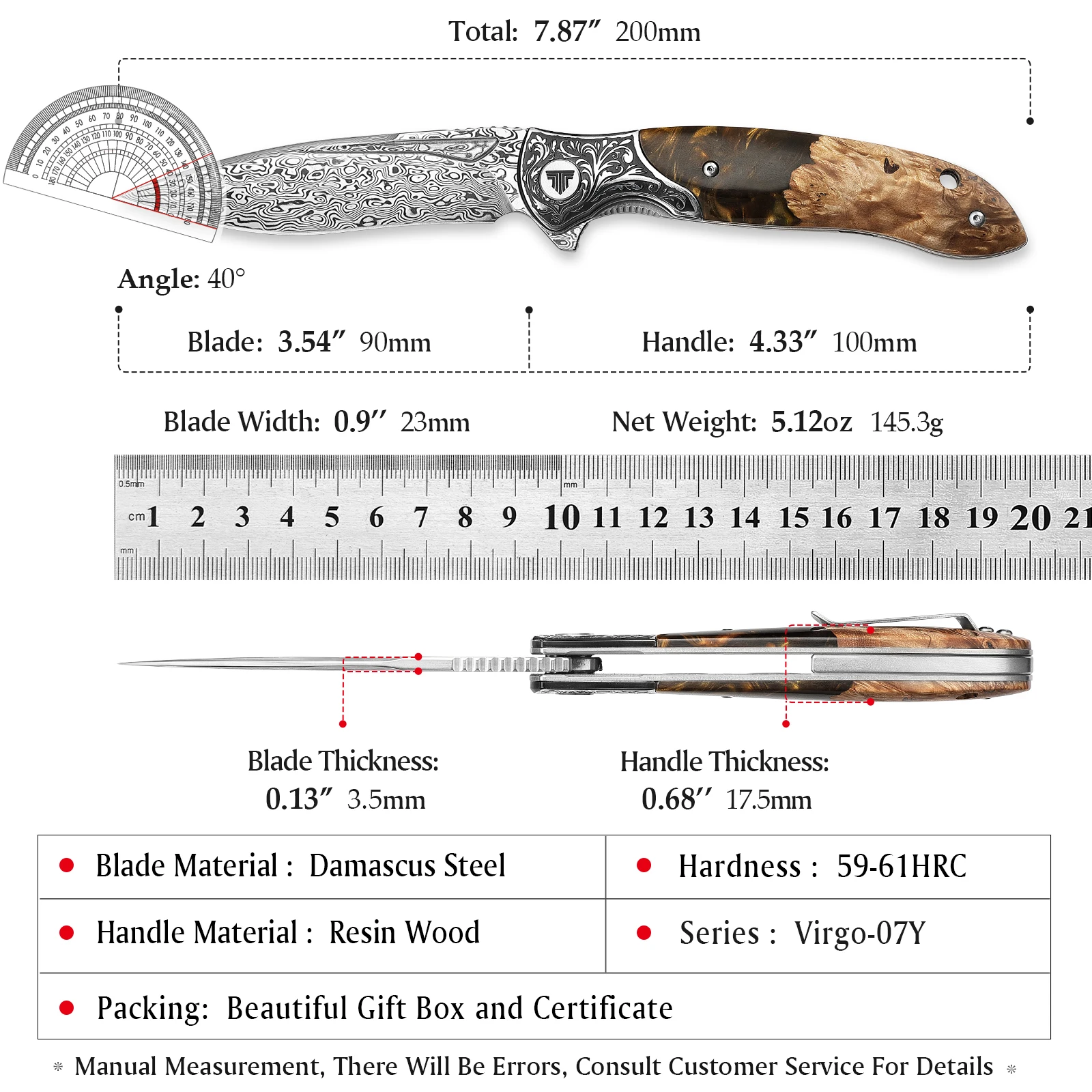 TRIVISA Handmade Pocket Knife for Men，EDC Folding Knife with Clip，Damascus Camping Flipper Knife，Resin Wood Handle ，Virgo-07Y