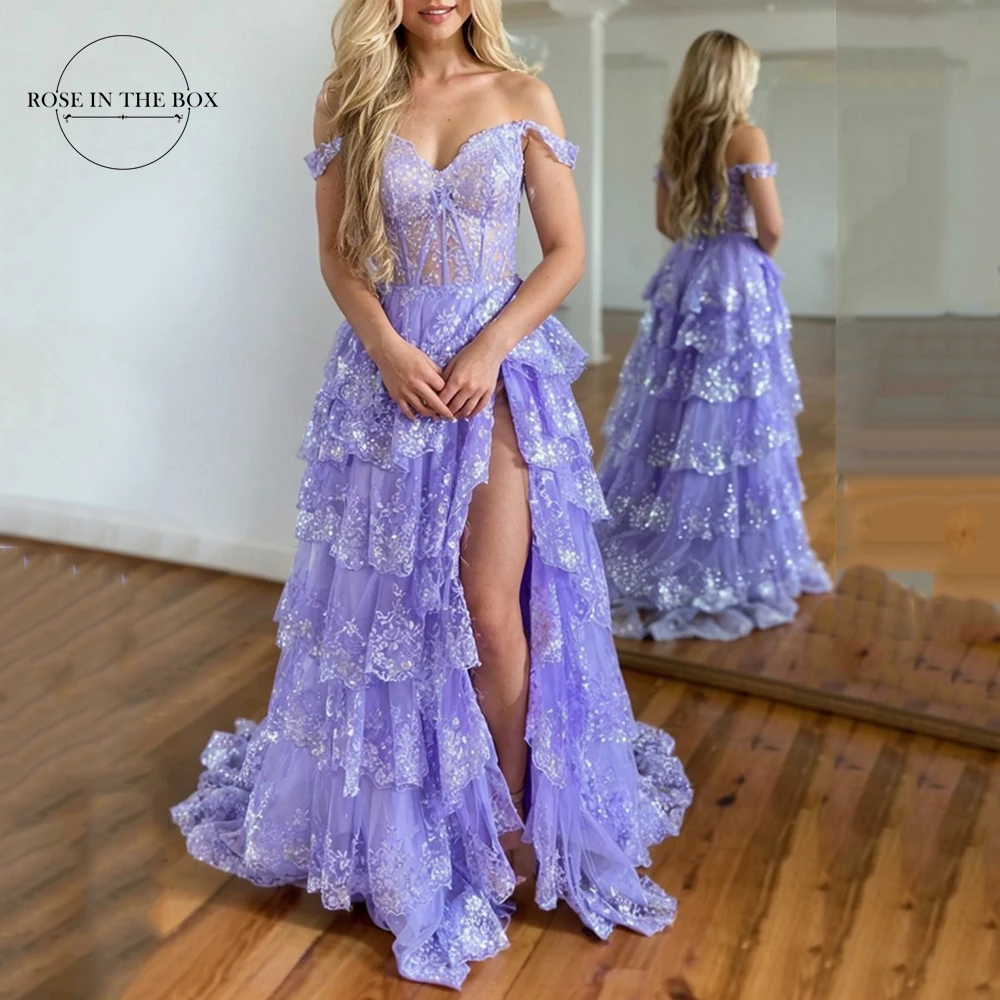 Exquisite Tiered Skirt Illusion Corset Prom Dresses With Floral Applique Sparkly Long Split Elegant Gowns For Women Customized image 3