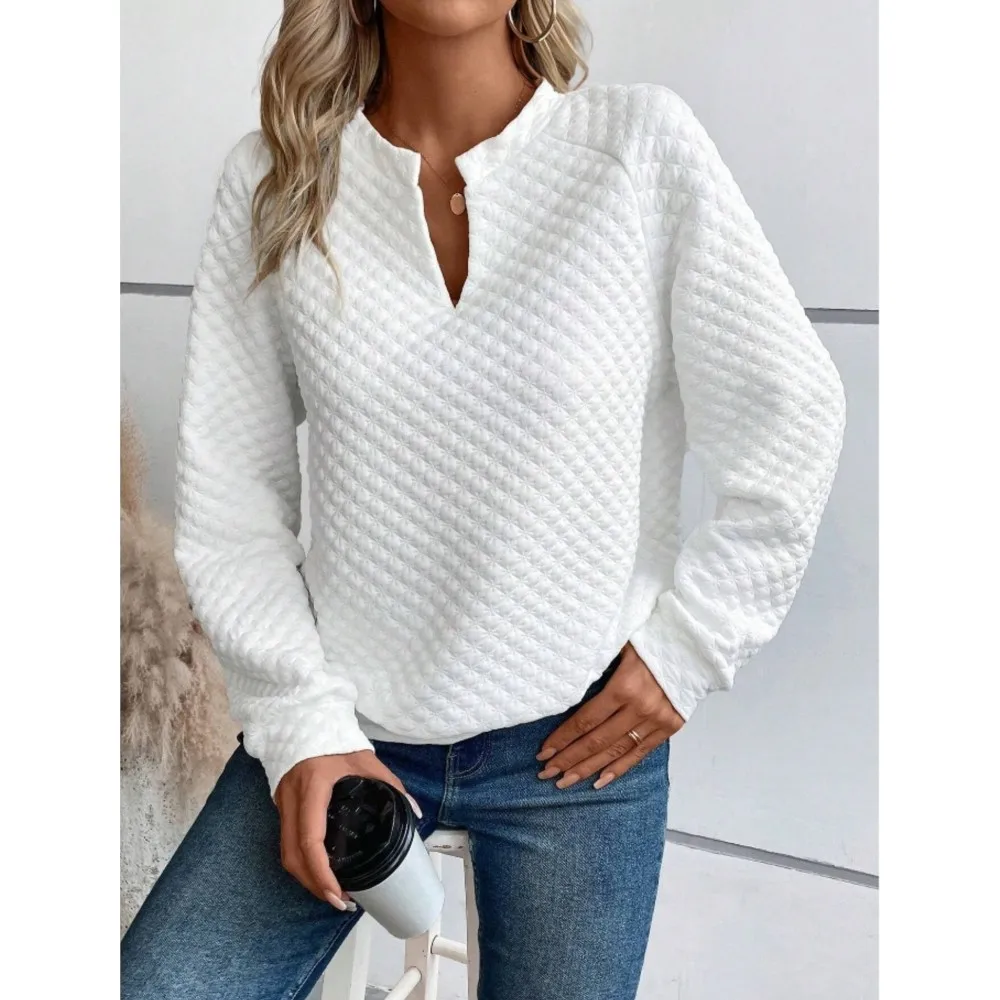 Modieuze casual wafel hoodie 2025, herfst dames effen kleur V-hals gesplitst lange mouwen dames casual sweatshirt trui