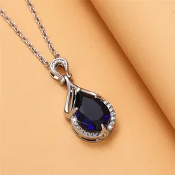 2026 Luxury Temperament Blue Pear Cubic Zirconia Pendant Necklace Women Wedding Anniversary Party Elegant Accessories Jewelry