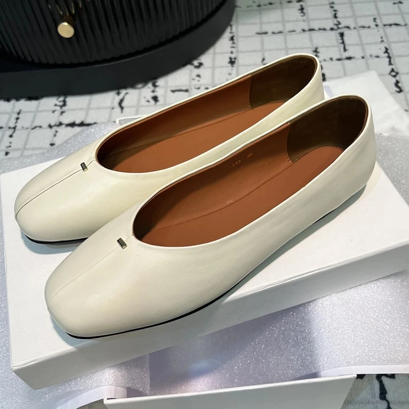 

Spring Summer New Flats Fashion Square Toe Casual Shoes Women Concise Real Leather Butterfly Knot Decor Casual Single Shoes 2024